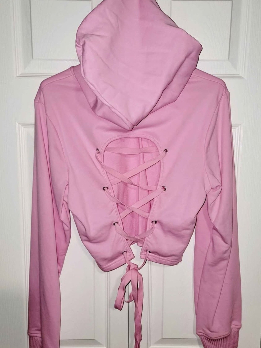 Women's Pink Lace-Up Back Cropped Hoodie New Y2k